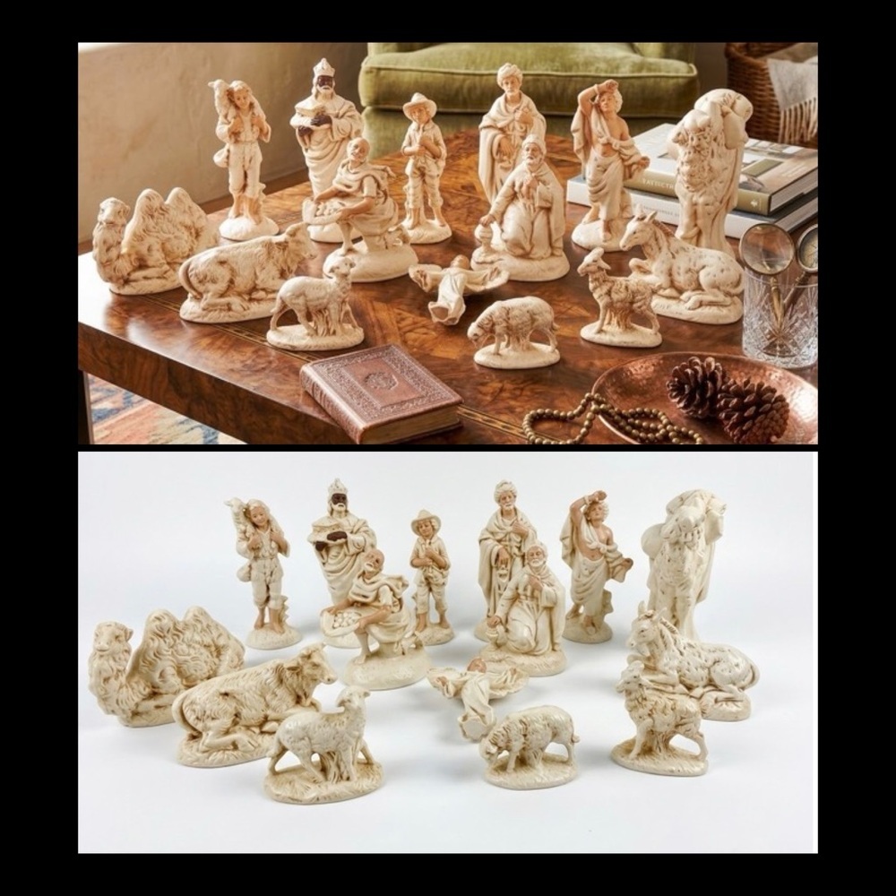 Vintage Carved Ivory Tone Nativity Set 15 Piece Religious Figurine Collection